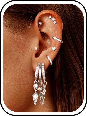 Hypoallergenic Earring Stacks - 14K Gold Plated Surgical Stainless Steel Earring Set for Sensitive Ears - Huggie Dangle Hoops Illusion Claw Chain Earring Pack Multiple Piercing Jewelry Trendy in Saudi Arabia
