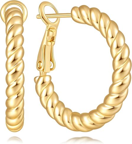 Eloqueen 14K Gold Earrings for Women Gold Hoops Earrings for Women Hoop Earring for Womens Hoops Softly Twisted Lines with Gentle Rhythm Womens Hoop Earring 22/25mm in Saudi Arabia
