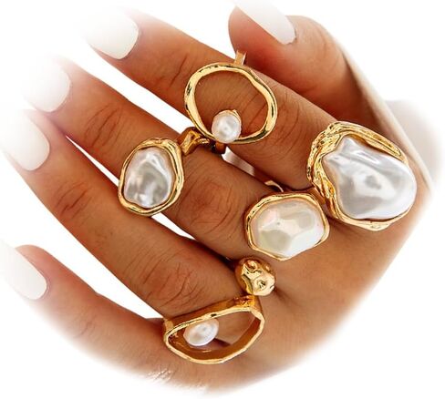 Statement Big Pearls Cluster Stackable Rings for Women Fashion Baroque Pearl Chunky Gold Textured Oval Knuckle Ring Y2k Party Jewelry Gift Accessories in Saudi Arabia