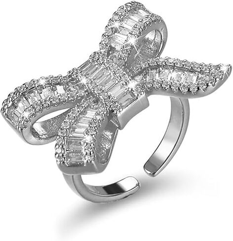Rhinestone Bow Ring for Women, Sparkly Crystal Pave Adjustable Cocktail Jewelry for Women, Aesthetic Statement Finger Ornament for Engagement Wedding Party or Prom Accessory Present in Saudi Arabia