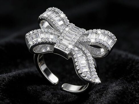 Rhinestone Bow Ring for Women, Sparkly Crystal Pave Adjustable Cocktail Jewelry for Women, Aesthetic Statement Finger Ornament for Engagement Wedding Party or Prom Accessory Present in Saudi Arabia