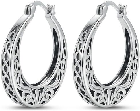 Vintage Filigree Hoop Earrings for Women Trendy Hypoallergenic 925 Sterling Silver Antique Hoop Earrings Women Fashion Flower Dainty Thick Twisted Large Silver Hoop Earrings Birthday Gift for Her27/30/32MM in Saudi Arabia