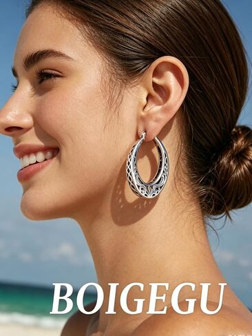 Vintage Filigree Hoop Earrings for Women Trendy Hypoallergenic 925 Sterling Silver Antique Hoop Earrings Women Fashion Flower Dainty Thick Twisted Large Silver Hoop Earrings Birthday Gift for Her27/30/32MM in Saudi Arabia