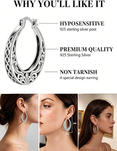 Vintage Filigree Hoop Earrings for Women Trendy Hypoallergenic 925 Sterling Silver Antique Hoop Earrings Women Fashion Flower Dainty Thick Twisted Large Silver Hoop Earrings Birthday Gift for Her27/30/32MM in Saudi Arabia