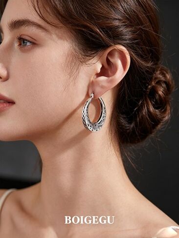 Vintage Filigree Hoop Earrings for Women Trendy Hypoallergenic 925 Sterling Silver Antique Hoop Earrings Women Fashion Flower Dainty Thick Twisted Large Silver Hoop Earrings Birthday Gift for Her27/30/32MM in Saudi Arabia
