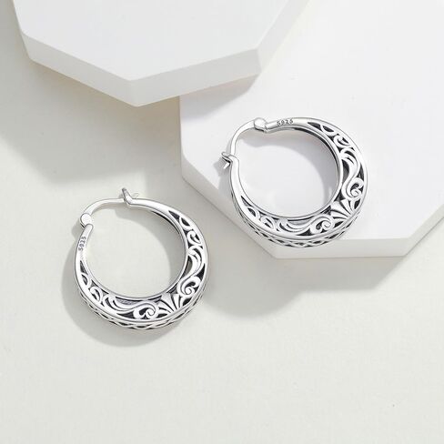 Vintage Filigree Hoop Earrings for Women Trendy Hypoallergenic 925 Sterling Silver Antique Hoop Earrings Women Fashion Flower Dainty Thick Twisted Large Silver Hoop Earrings Birthday Gift for Her27/30/32MM in Saudi Arabia