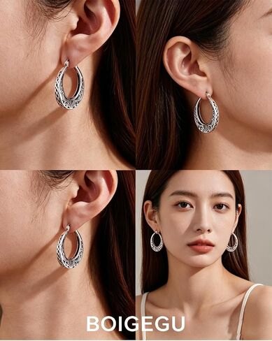 Vintage Filigree Hoop Earrings for Women Trendy Hypoallergenic 925 Sterling Silver Antique Hoop Earrings Women Fashion Flower Dainty Thick Twisted Large Silver Hoop Earrings Birthday Gift for Her27/30/32MM in Saudi Arabia