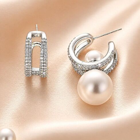 Pearl Hoop Stud Earrings for Women | Elegant Silver Tone Removable Pearl Earrings with S925 Sterling Silver Posts, Convertible Jewelry for Work Wedding Party in Saudi Arabia