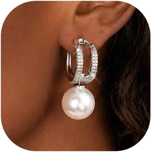 Pearl Hoop Stud Earrings for Women | Elegant Silver Tone Removable Pearl Earrings with S925 Sterling Silver Posts, Convertible Jewelry for Work Wedding Party in Saudi Arabia