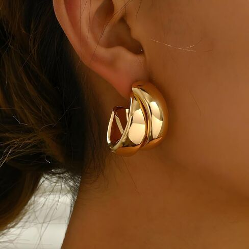 14K Gold Plated Chunky Huggie Earrings for Women Silver Double Hoop Earring in Saudi Arabia