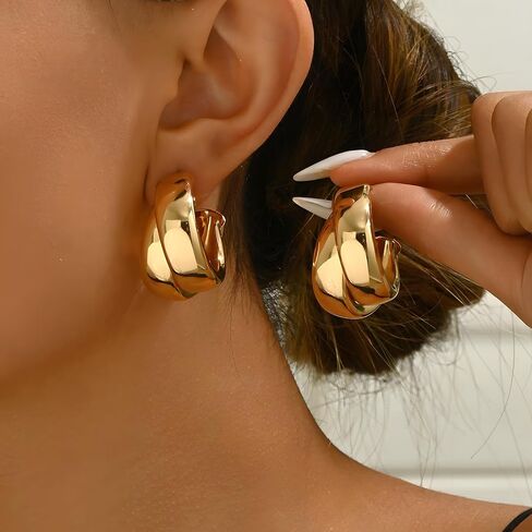 14K Gold Plated Chunky Huggie Earrings for Women Silver Double Hoop Earring in Saudi Arabia