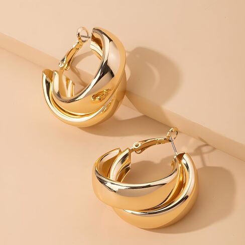 14K Gold Plated Chunky Huggie Earrings for Women Silver Double Hoop Earring in Saudi Arabia