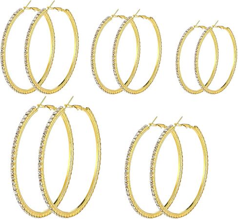 5 Pairs Large Rhinestone Hoop Earrings Set 3-7 cm Big Sparkly Round Hoops Gold Crystal Sparkly Bling Thin Round Party Earrings Lightweight Earring Jewelry for Women Party Wedding Date Jewelry Gift in Saudi Arabia