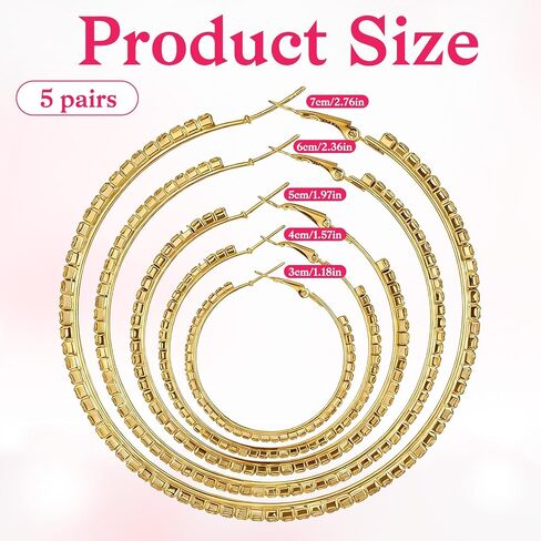 5 Pairs Large Rhinestone Hoop Earrings Set 3-7 cm Big Sparkly Round Hoops Gold Crystal Sparkly Bling Thin Round Party Earrings Lightweight Earring Jewelry for Women Party Wedding Date Jewelry Gift in Saudi Arabia