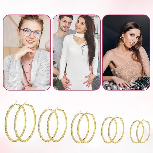 5 Pairs Large Rhinestone Hoop Earrings Set 3-7 cm Big Sparkly Round Hoops Gold Crystal Sparkly Bling Thin Round Party Earrings Lightweight Earring Jewelry for Women Party Wedding Date Jewelry Gift in Saudi Arabia