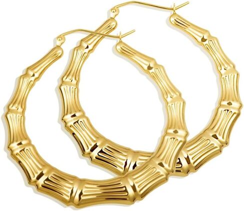 14K Yellow Gold 3mm Thickness Reversible Striped & Ribbed Hoop Earrings for Women, 43mm Diameter in Kuwait
