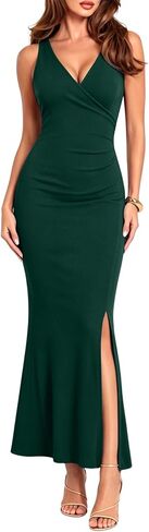 WAYMAKER Women's Elegant Sleeveless V-Neck Ruched Bodycon Mermaid Maxi Slit Formal Evening Wedding Guest Cocktail Dress in Saudi Arabia