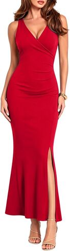 WAYMAKER Women's Elegant Sleeveless V-Neck Ruched Bodycon Mermaid Maxi Slit Formal Evening Wedding Guest Cocktail Dress in Saudi Arabia