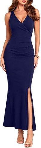WAYMAKER Women's Elegant Sleeveless V-Neck Ruched Bodycon Mermaid Maxi Slit Formal Evening Wedding Guest Cocktail Dress in Saudi Arabia