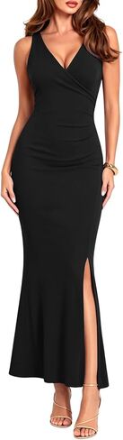 WAYMAKER Women's Elegant Sleeveless V-Neck Ruched Bodycon Mermaid Maxi Slit Formal Evening Wedding Guest Cocktail Dress in Saudi Arabia