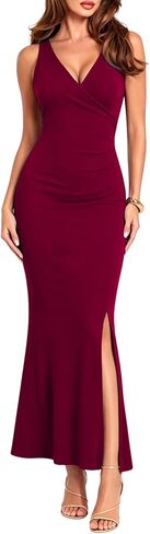 WAYMAKER Women's Elegant Sleeveless V-Neck Ruched Bodycon Mermaid Maxi Slit Formal Evening Wedding Guest Cocktail Dress in Saudi Arabia