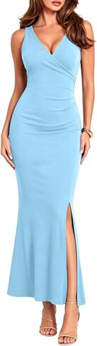 WAYMAKER Women's Elegant Sleeveless V-Neck Ruched Bodycon Mermaid Maxi Slit Formal Evening Wedding Guest Cocktail Dress in Saudi Arabia