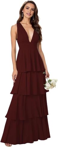 Sleeveless Tiered Bridesmaid Dresses for Women V Neck Chiffon Formal Wedding Guest Dress Long in Kuwait