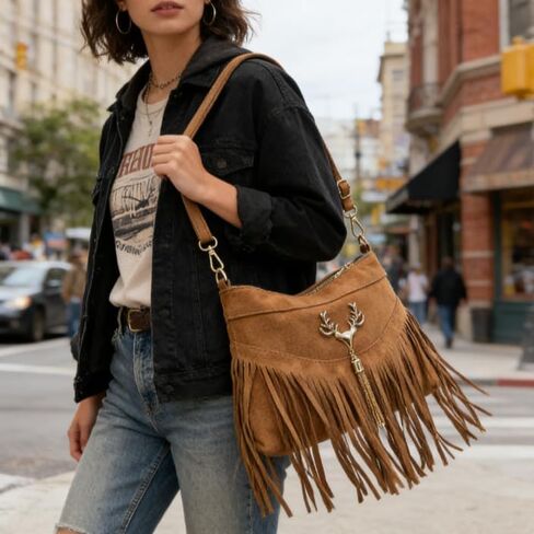Fall Boho Fringe Bag – Mocha Brown Vintage Crossbody Purse with Comfortable Strap, Versatile Shoulder Bag for Daily Outings in Kuwait