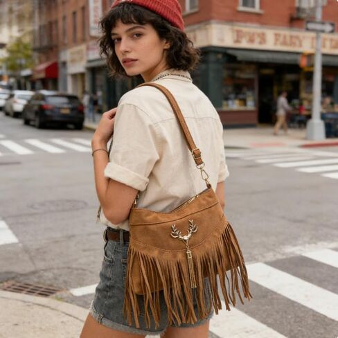 Fall Boho Fringe Bag – Mocha Brown Vintage Crossbody Purse with Comfortable Strap, Versatile Shoulder Bag for Daily Outings in Kuwait
