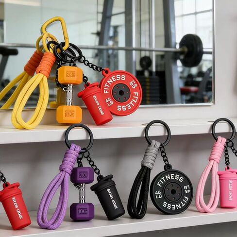 Fitness Keychain Gym Lover Gift, Dumbbell Protein Shaker Weight Plate Keyring with Carabiner Lanyard for Men Women in Kuwait