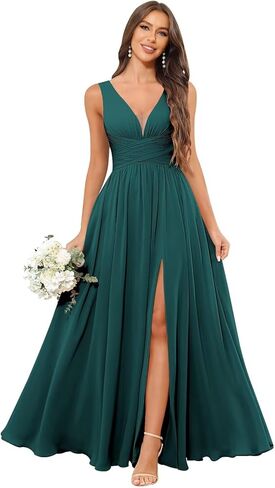TORYEMY Chiffon Bridesmaid Dresses for Women Long V Neck Formal Evening Dresses with Slit in Saudi Arabia