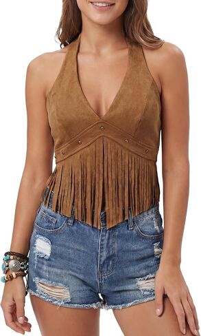 FEOYA Women's Western Fringe Halter Tops Faux Suede Lace Up Back Crop Vest Blouse Y2K Cowgirl Concert Rodeo Outfits in Kuwait