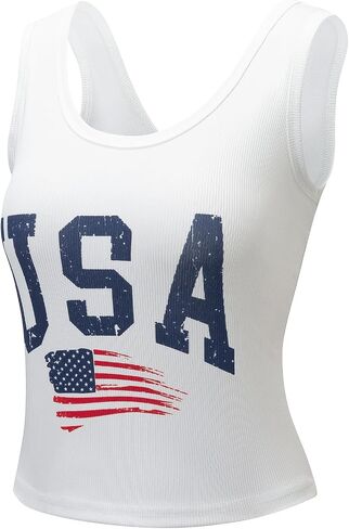 Women's American Flag Crop Top Slim fit Patriotic 4th of July Tank USA Red White Blue Sleeveless Shirt Outfit in Saudi Arabia