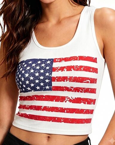 Women's American Flag Crop Top Slim fit Patriotic 4th of July Tank USA Red White Blue Sleeveless Shirt Outfit in Saudi Arabia