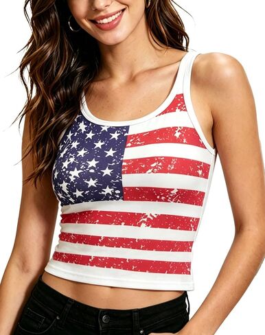 Women's American Flag Crop Top Slim fit Patriotic 4th of July Tank USA Red White Blue Sleeveless Shirt Outfit in Saudi Arabia