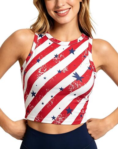 Women's American Flag Crop Top Slim fit Patriotic 4th of July Tank USA Red White Blue Sleeveless Shirt Outfit in Saudi Arabia