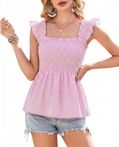 Poetsky Women's Ruffle Sleeve Tanks Smocked Babydoll Square Neck Peplum Summer Going Out Tops in Saudi Arabia