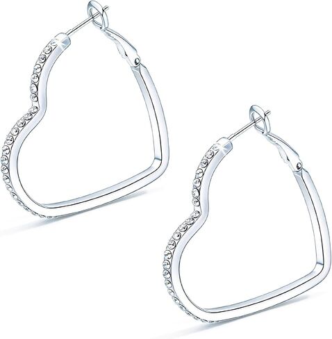 Heart Hoops Earrings, White Gold Plated Cubic Zirconia CZ Rhinestone Silver Hoops Earring for Women in Saudi Arabia