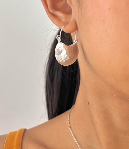 Handmade Hammered Sterling Silver Crescent Moon Hoop Earrings Elegant everyday Earrings in Kuwait