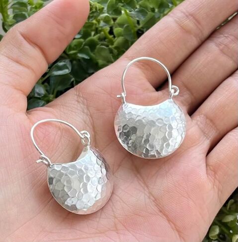 Handmade Hammered Sterling Silver Crescent Moon Hoop Earrings Elegant everyday Earrings in Kuwait
