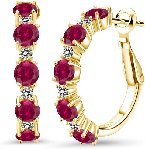 Gem Stone King 18K Yellow Gold Plated Silver Gemstone Birthstone and White Diamond Hoop Earrings for Women | Round Cut 4MM and 1.9MM Stones | 1 Inch Diameter Hoops | Fine Jewelry for Her Mom Wife in Kuwait