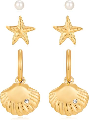 3 Pairs Starfish Earring Stacks Small Pearl Shell Gold Huggie Hoop Earrings for Women Summer Ocean Beach Earring Sets for Multiple Piercing Stackable Earrings in Saudi Arabia