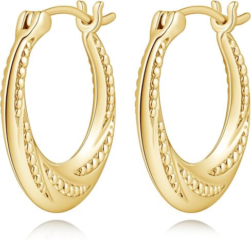 14K Gold Earrings for Women 14K Gold Hoop Earrings for Women Gold Hoop Earring for Womens Hoops Layered Textures and Subtle Bead Accents Hoops Earring for Womens 22/25 mm in Kuwait