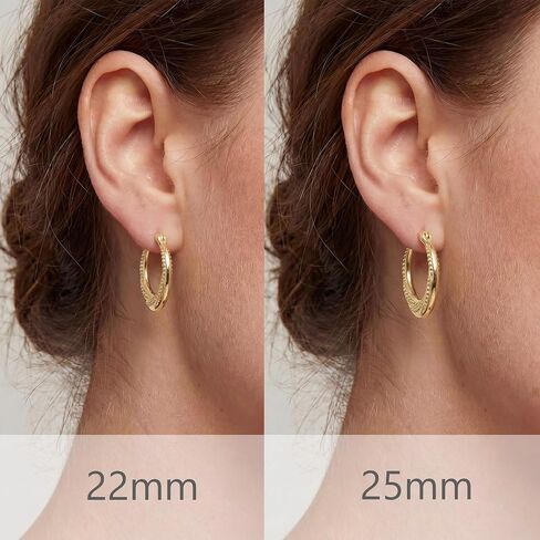 14K Gold Earrings for Women 14K Gold Hoop Earrings for Women Gold Hoop Earring for Womens Hoops Layered Textures and Subtle Bead Accents Hoops Earring for Womens 22/25 mm in Kuwait