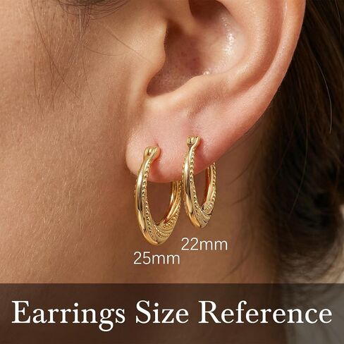 14K Gold Earrings for Women 14K Gold Hoop Earrings for Women Gold Hoop Earring for Womens Hoops Layered Textures and Subtle Bead Accents Hoops Earring for Womens 22/25 mm in Kuwait