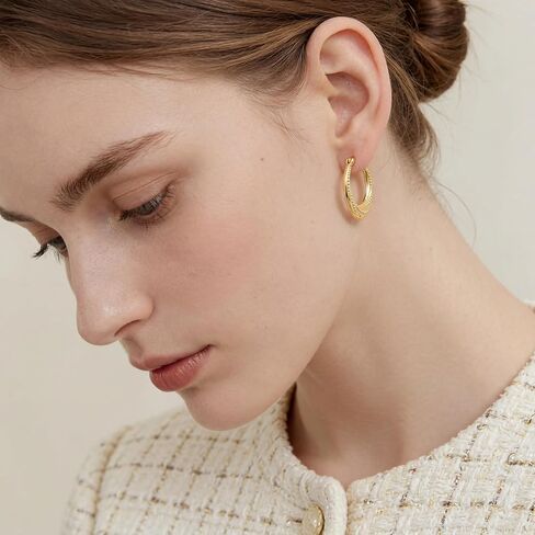 14K Gold Earrings for Women 14K Gold Hoop Earrings for Women Gold Hoop Earring for Womens Hoops Layered Textures and Subtle Bead Accents Hoops Earring for Womens 22/25 mm in Kuwait