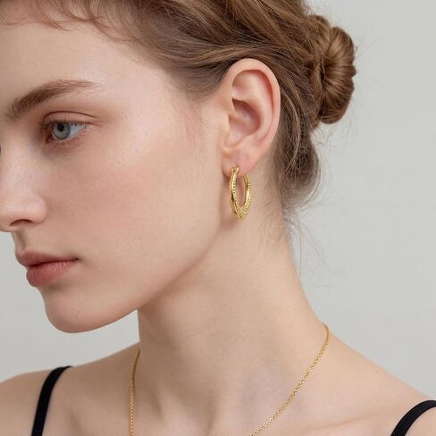 14K Gold Earrings for Women 14K Gold Hoop Earrings for Women Gold Hoop Earring for Womens Hoops Layered Textures and Subtle Bead Accents Hoops Earring for Womens 22/25 mm in Kuwait