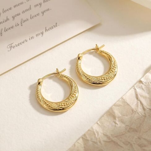 14K Gold Earrings for Women 14K Gold Hoop Earrings for Women Gold Hoop Earring for Womens Hoops Layered Textures and Subtle Bead Accents Hoops Earring for Womens 22/25 mm in Kuwait