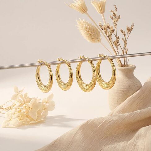 14K Gold Earrings for Women 14K Gold Hoop Earrings for Women Gold Hoop Earring for Womens Hoops Layered Textures and Subtle Bead Accents Hoops Earring for Womens 22/25 mm in Kuwait