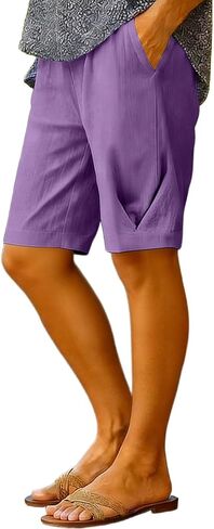 Linen Blend Bermuda Shorts Women Knee Length Summer Half Elastic Waist Pants with Pockets Casual Boho Shorts in Kuwait